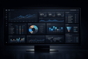 Dashboard moderno de uma agência de marketing digital com métricas de SEO, dados de CRM e análises organizadas em interface escura profissional