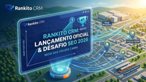 Infográfico de lançamento oficial do Rankito CRM em Mogi das Cruzes durante o desafio de SEO 2026, mostrando dashboard com primeiro lugar na busca local na Vila Oliveira e Mogilar.